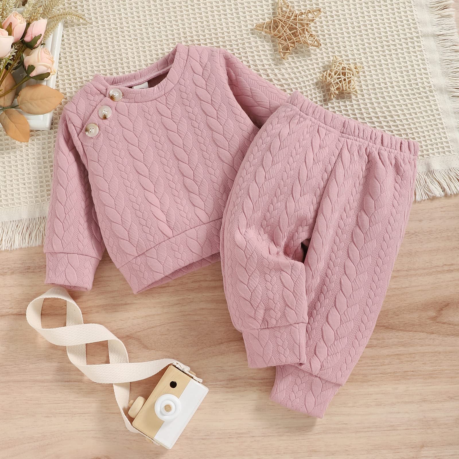 GRNSHTS Baby Girl Clothes, Newborn Long Sleeve Sweatshirts Tops+Solid Pants 2pcs 0-24M Fall Outfits(Pink,0-3 Months)