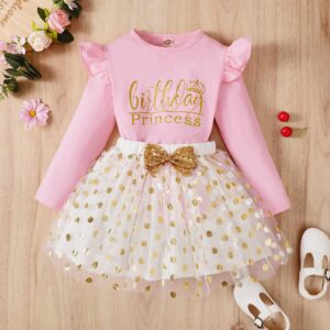 vivifayee Toddler Kids Baby Girls Birthday Princess Outfits Long Sleeve Shirts Dot Bubble Tulle Tutu Skirt 2PCS Fall Winter Skirt Sets