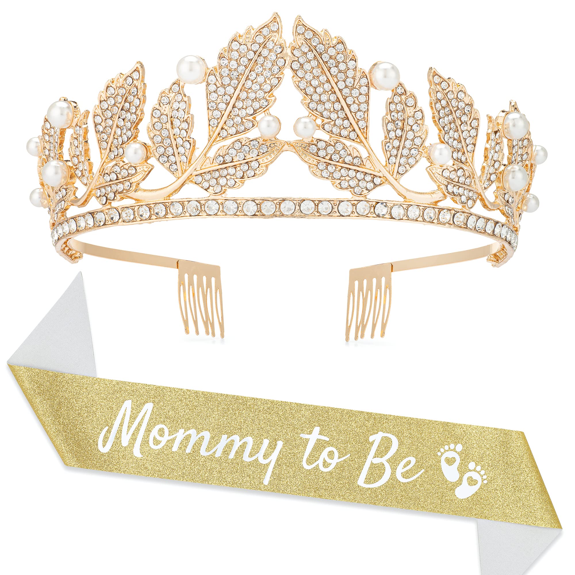 Zipoka Mommy to Be Sash for Baby Shower with Crown - Premium Mom to Be Sash Baby Shower - Baby Shower Sash for Mommy Boy or Girl (Gold)