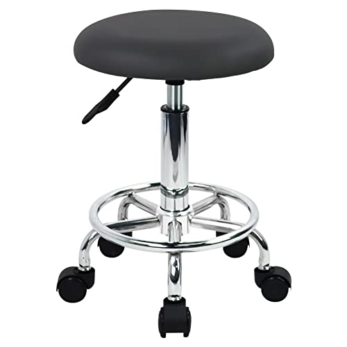 WKWKER Swivel Rolling Stool with Footrest Height Adjustable PU Leather Office Stool Chair for Bedroom Shop Counter Salon Vanity Spa Massage Beauty Desk Small (Grey)