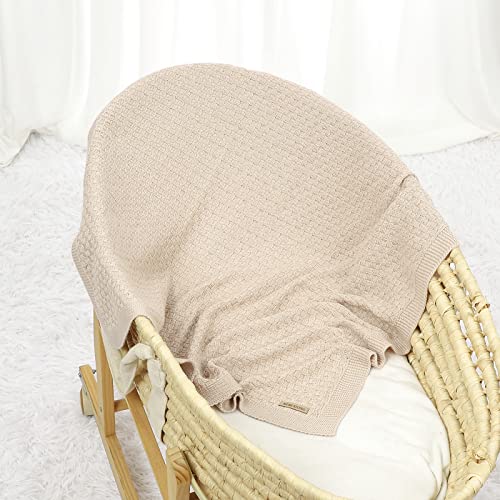 LAWKUL Knit Baby Blanket Cotton Cable Beige Receiving Swaddle Nursery Blankets Crochet Gender Blanket for Newborn Boy Girls