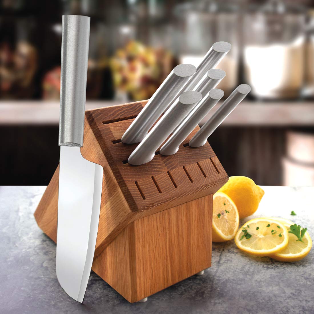 RADA Essential Oak Block Set of 8 Silver Handled Knives With Knife Sharpener