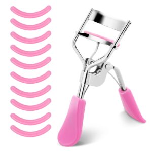 sibba lash curler, no pinching or pulling, long lasting eyelash curler fit all eye shapes, professional makeup tool for eyelashes with 10 pieces silicone refill pads (pink)