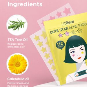 LitBear Acne Patch Pimple Patch, Pink & Yellow Star Shaped Acne Absorbing Cover Patch, Hydrocolloid Acne Patches For Face Zit Patch Acne Dots, Tea Tree Oil & Centella, 112 Patches, 14mm & 10mm