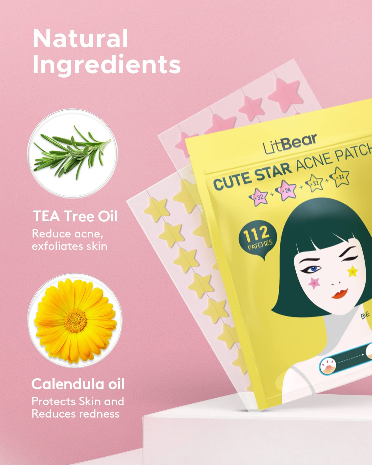 LitBear Acne Patch Pimple Patch, Pink & Yellow Star Shaped Acne Absorbing Cover Patch, Hydrocolloid Acne Patches For Face Zit Patch Acne Dots, Tea Tree Oil & Centella, 112 Patches, 14mm & 10mm