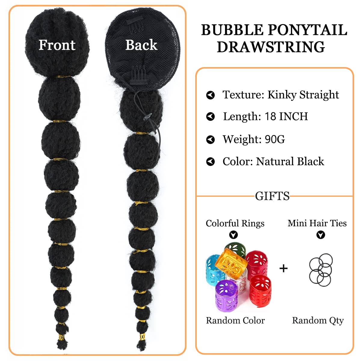 Kinky Afro Bubble Ponytail Extension for Black Women 18 Inch Long Drawstring Ponytail Natural Black Clip on Ponytails for Kids Synthetic Hair Piece Protective Style #1B 90G