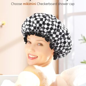 mikimini Large Shower Cap for Women Long Hair, Elegant Chessboard Design,Double-layer Waterproof, Reusable, Washable, No Odor, X-Large