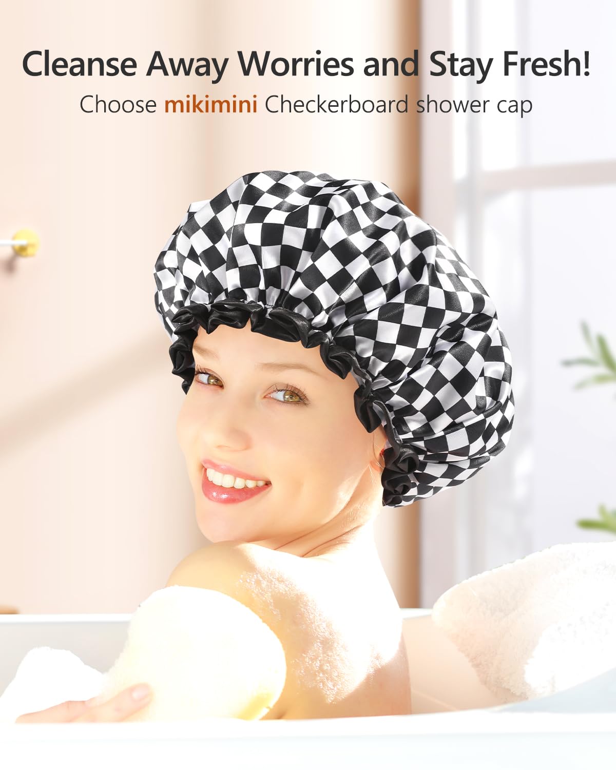 mikimini Large Shower Cap for Women Long Hair, Elegant Chessboard Design,Double-layer Waterproof, Reusable, Washable, No Odor, X-Large