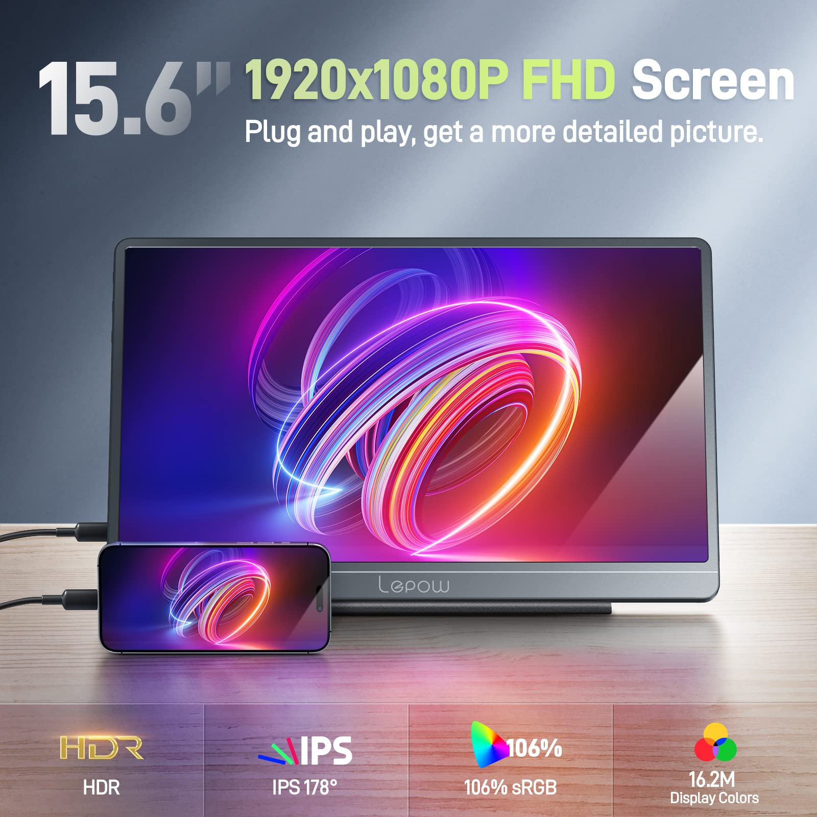 Lepow Portable Monitor, FHD 1080P 15.6" Portable Screen w/ 106% sRGB, USB-C, HDMI, Plug & Play, Speakers, 3 Display Modes, Smart Case, External Monitor for Laptop, Phone, PS5/4, Xbox, Switch