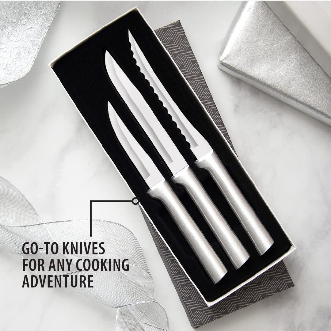 RADA Cooking Essentials Knife Starter Gift 3 Piece Silver Handled Set With Knife Sharpener