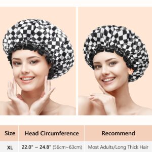 mikimini Large Shower Cap for Women Long Hair, Elegant Chessboard Design,Double-layer Waterproof, Reusable, Washable, No Odor, X-Large