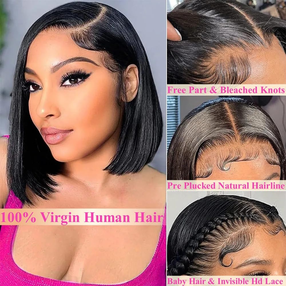 Keytac 14 Inch Straight Bob Wig Human Hair 13x4 HD Transparent Lace Front Wigs Bob for Women Short Glueless Frontal Bob Wig Pre Plucked with Baby Hair Brazilian Virgin Hair Free Part Natural Black