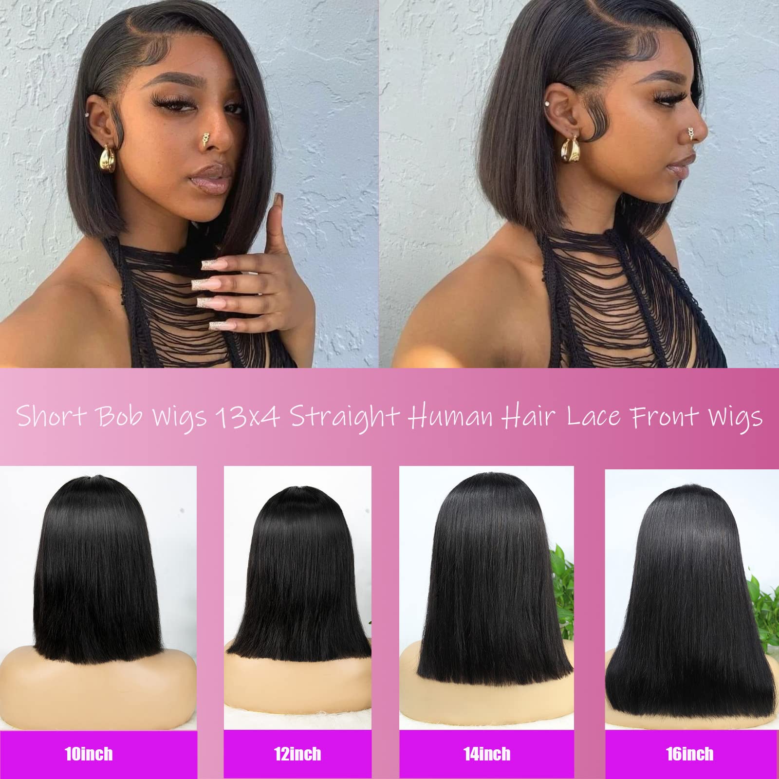 Keytac 14 Inch Straight Bob Wig Human Hair 13x4 HD Transparent Lace Front Wigs Bob for Women Short Glueless Frontal Bob Wig Pre Plucked with Baby Hair Brazilian Virgin Hair Free Part Natural Black