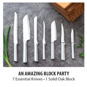 RADA Essential Oak Block Set of 8 Silver Handled Knives With Knife Sharpener