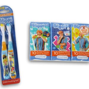 Blippi Toothbrush & Blippi Pocket Tissues Bundle - Kids Travel Kit - Soft Toothbrush 2 Count and Pocket Tissues 6 Count