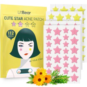 litbear acne patch pimple patch, pink & yellow star shaped acne absorbing cover patch, hydrocolloid acne patches for face zit patch acne dots, tea tree oil & centella, 112 patches, 14mm & 10mm