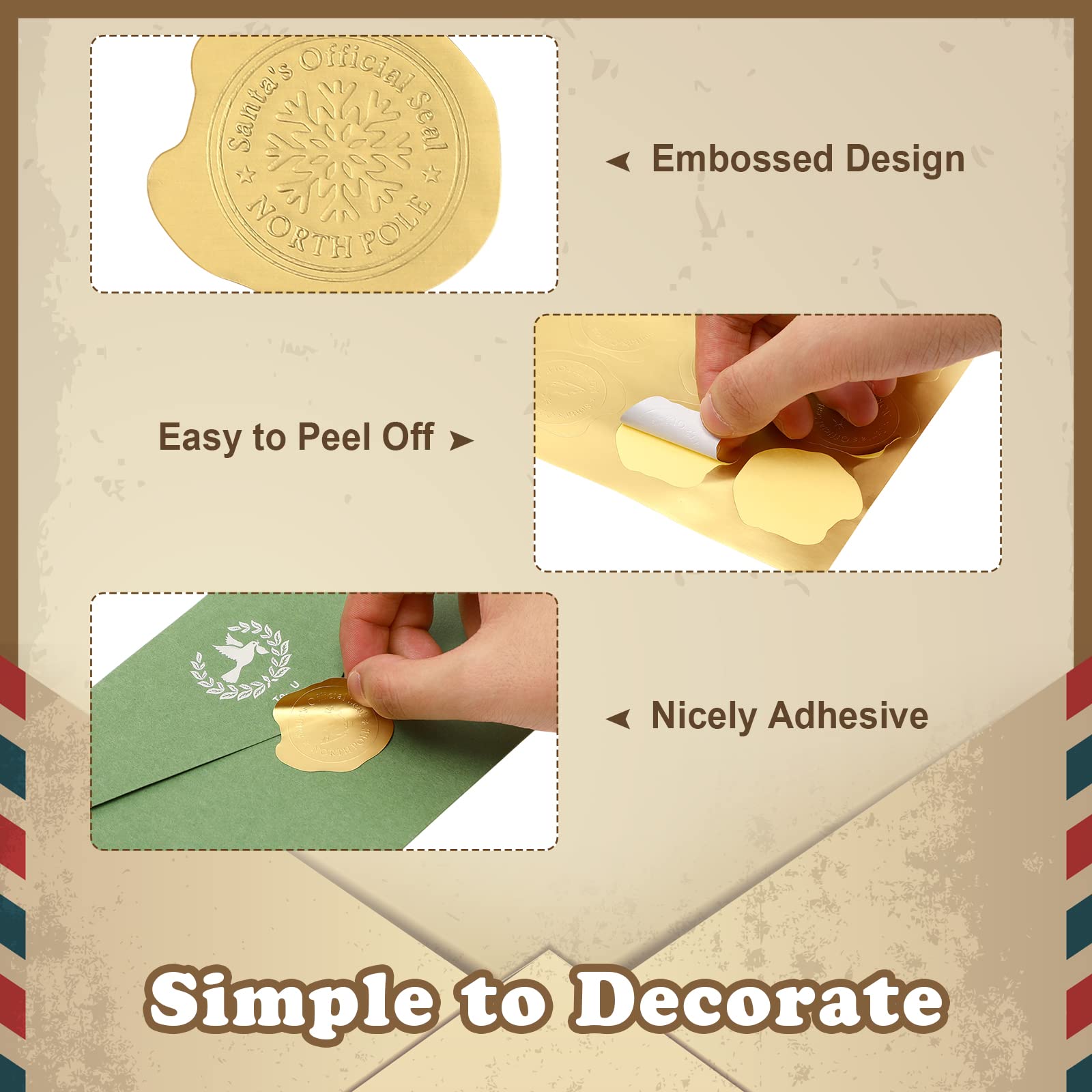 300 Pcs Christmas Wax Seal Stickers Gold Embossed North Pole Stickers Adhesive Reindeer Snowflake Official Seal Santa Stickers for Envelopes from Santa Stamp Party Favors Cards Invitations Gift