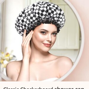 mikimini Large Shower Cap for Women Long Hair, Elegant Chessboard Design,Double-layer Waterproof, Reusable, Washable, No Odor, X-Large