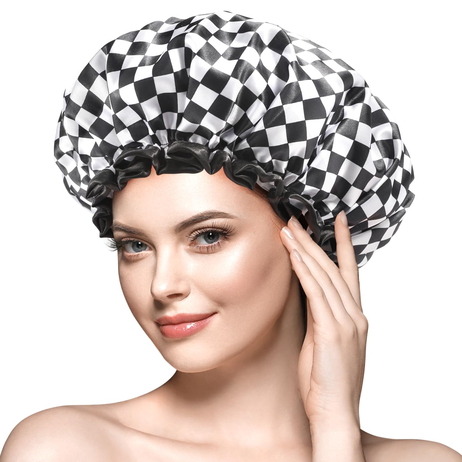 mikimini Large Shower Cap for Women Long Hair, Elegant Chessboard Design,Double-layer Waterproof, Reusable, Washable, No Odor, X-Large