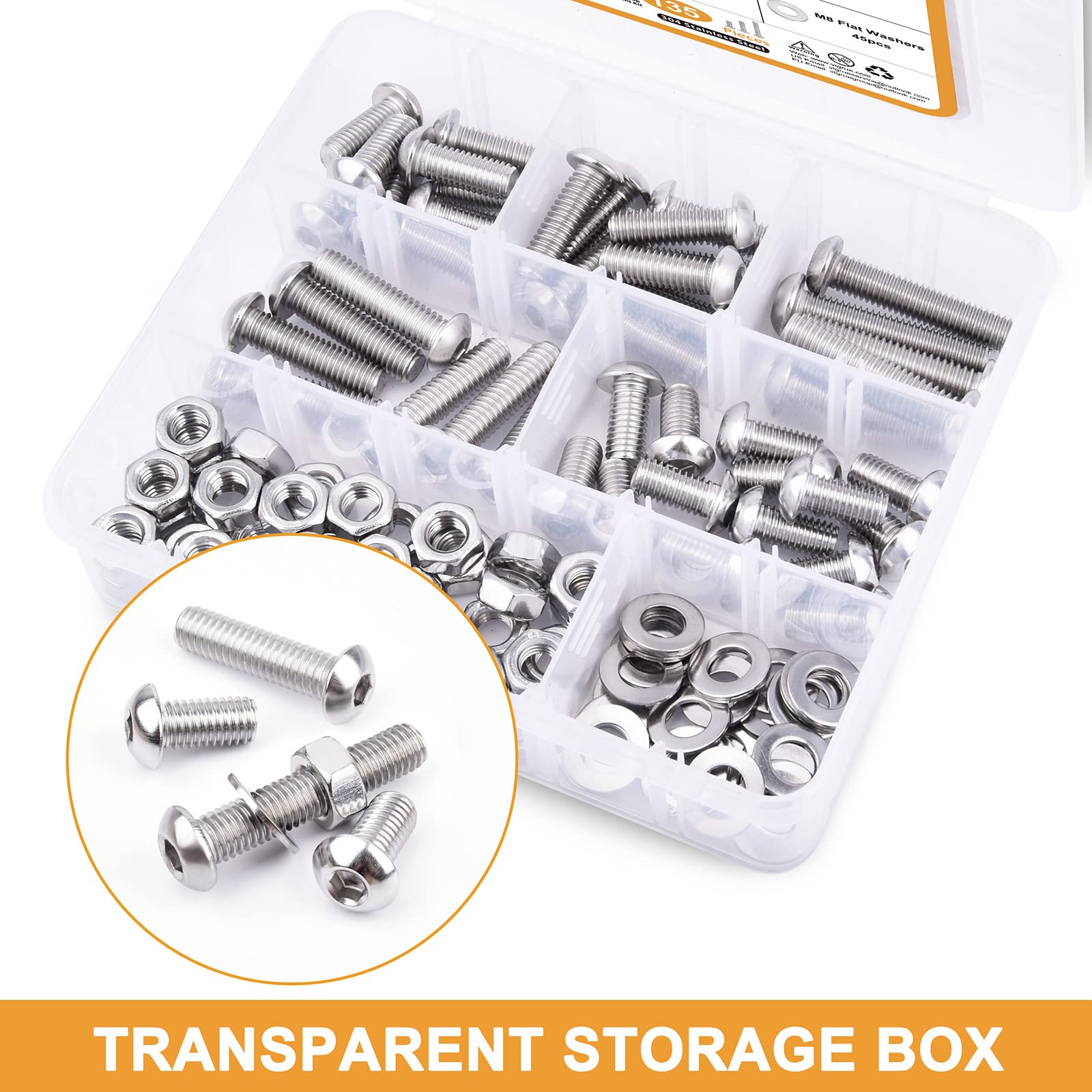 M8-1.25 x 16/20/25/30/40mm Button Head Socket Cap Screws VIGRUE 135PCS M8 Allen Hex Drive Screws Nuts Washers Assortment Kit 18-8 Stainless Steel 304, Bright Finish, Fully Threaded