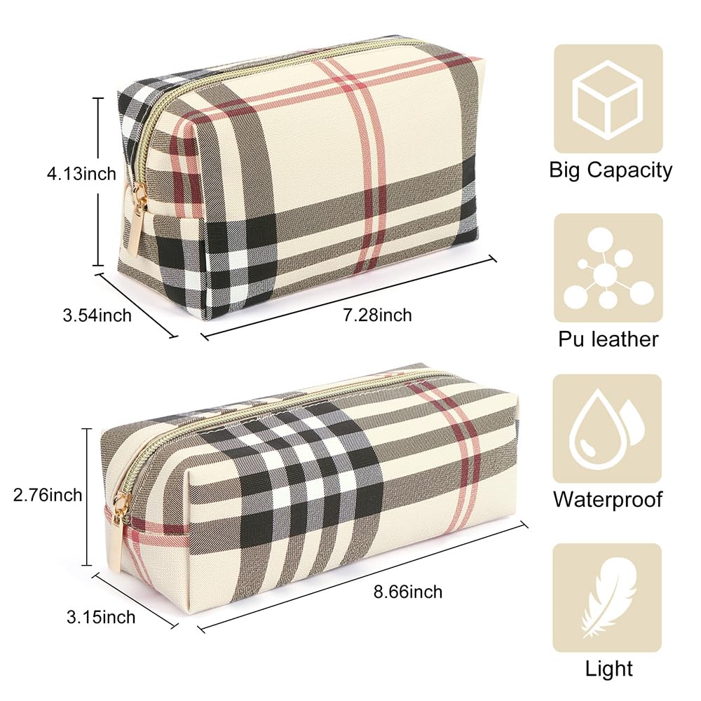 MAANGE Small Makeup Bag for Purse, 2 PCS Cosmetic Bag for Women Travel Makeup Pouch Leather Make up Bag Portable Zipper Pouch Makeup Brushes Bag - khaki plaid