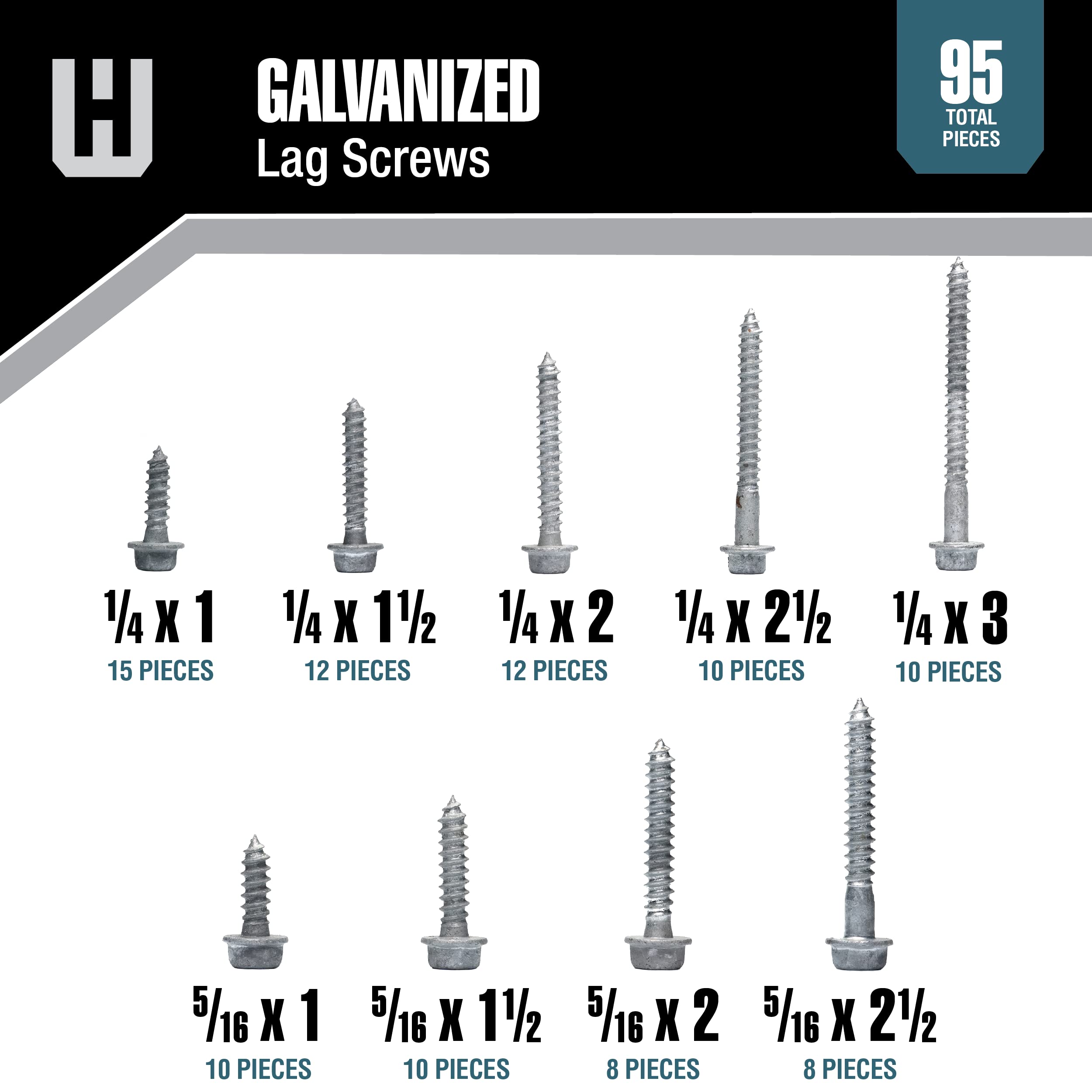 Workshop Hardware 95 Piece Fastener Assortment Kit, Galvanized Flanged Head Lag Screw Assortment Set, 1/4 & 5/16 Diameters, Gray, Stainless Steel