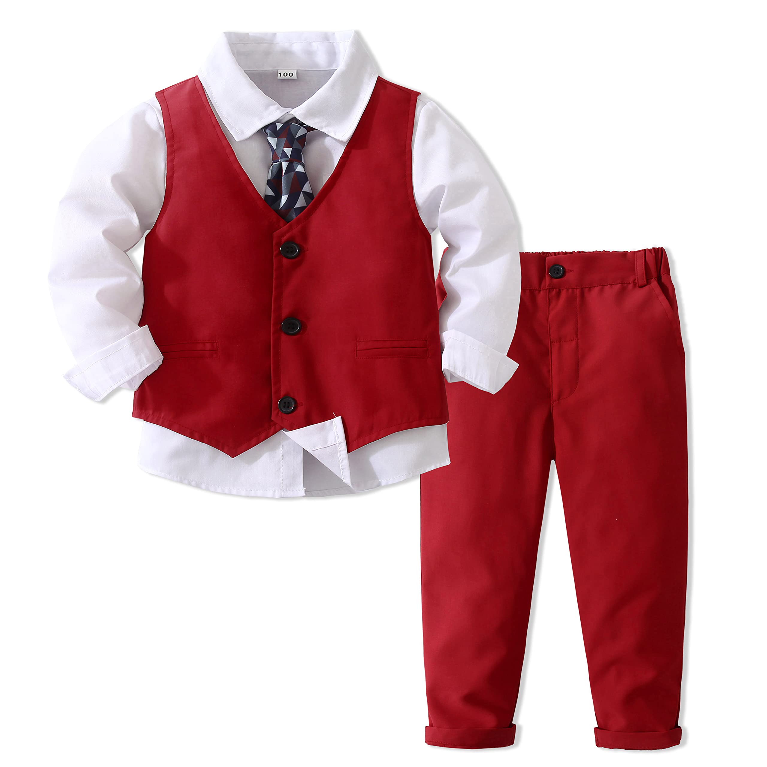 Kimocat Boys' 4-Piece Formal Suit Set Dress Shirt Vest Pants and Tie Wedding Birthday Party Suit (as1, age, 5_years, Red)