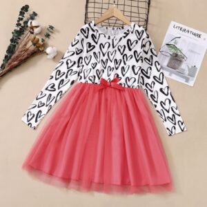 PATPAT Kid Girl Dress Letter/Heart Print Bowknot Design Mesh Splice Casual Long-Sleeve Tutu Dress for Kids White 6-7 Years