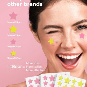 LitBear Acne Patch Pimple Patch, Pink & Yellow Star Shaped Acne Absorbing Cover Patch, Hydrocolloid Acne Patches For Face Zit Patch Acne Dots, Tea Tree Oil & Centella, 112 Patches, 14mm & 10mm