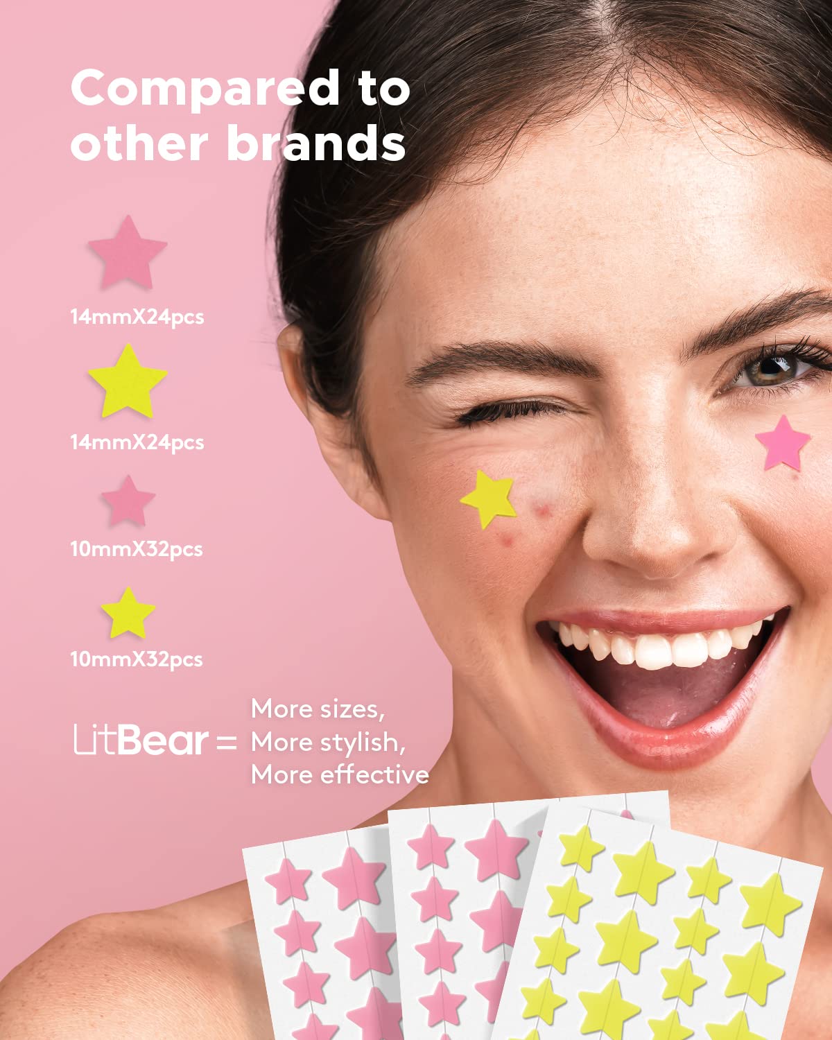 LitBear Acne Patch Pimple Patch, Pink & Yellow Star Shaped Acne Absorbing Cover Patch, Hydrocolloid Acne Patches For Face Zit Patch Acne Dots, Tea Tree Oil & Centella, 112 Patches, 14mm & 10mm