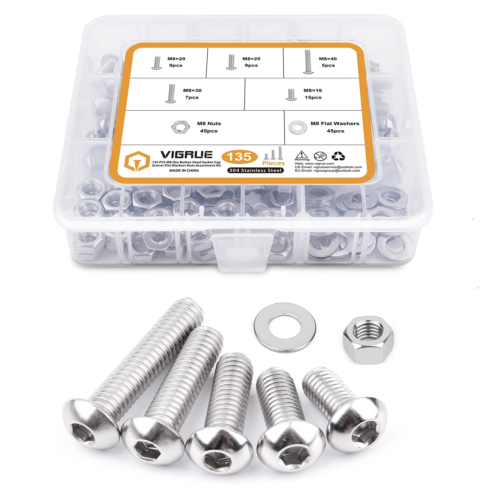 M8-1.25 x 16/20/25/30/40mm Button Head Socket Cap Screws VIGRUE 135PCS M8 Allen Hex Drive Screws Nuts Washers Assortment Kit 18-8 Stainless Steel 304, Bright Finish, Fully Threaded