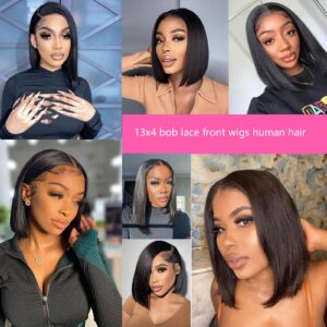 Keytac 14 Inch Straight Bob Wig Human Hair 13x4 HD Transparent Lace Front Wigs Bob for Women Short Glueless Frontal Bob Wig Pre Plucked with Baby Hair Brazilian Virgin Hair Free Part Natural Black