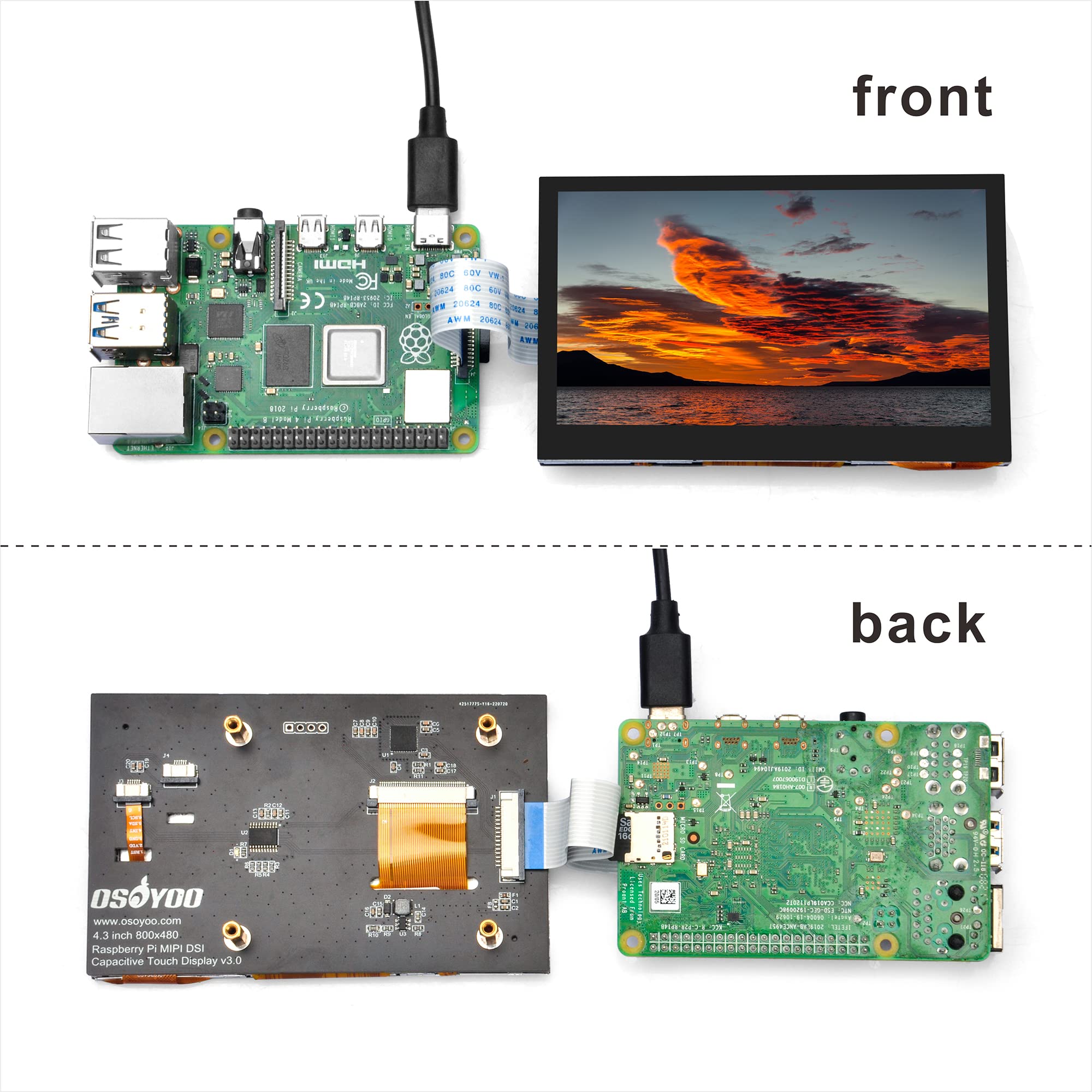 OSOYOO 4.3 inch IPS LCD Capacitive Touc Screen Display 800×480 DSI Interface for Raspberry Pi 4 3 2 Model B B+ A+