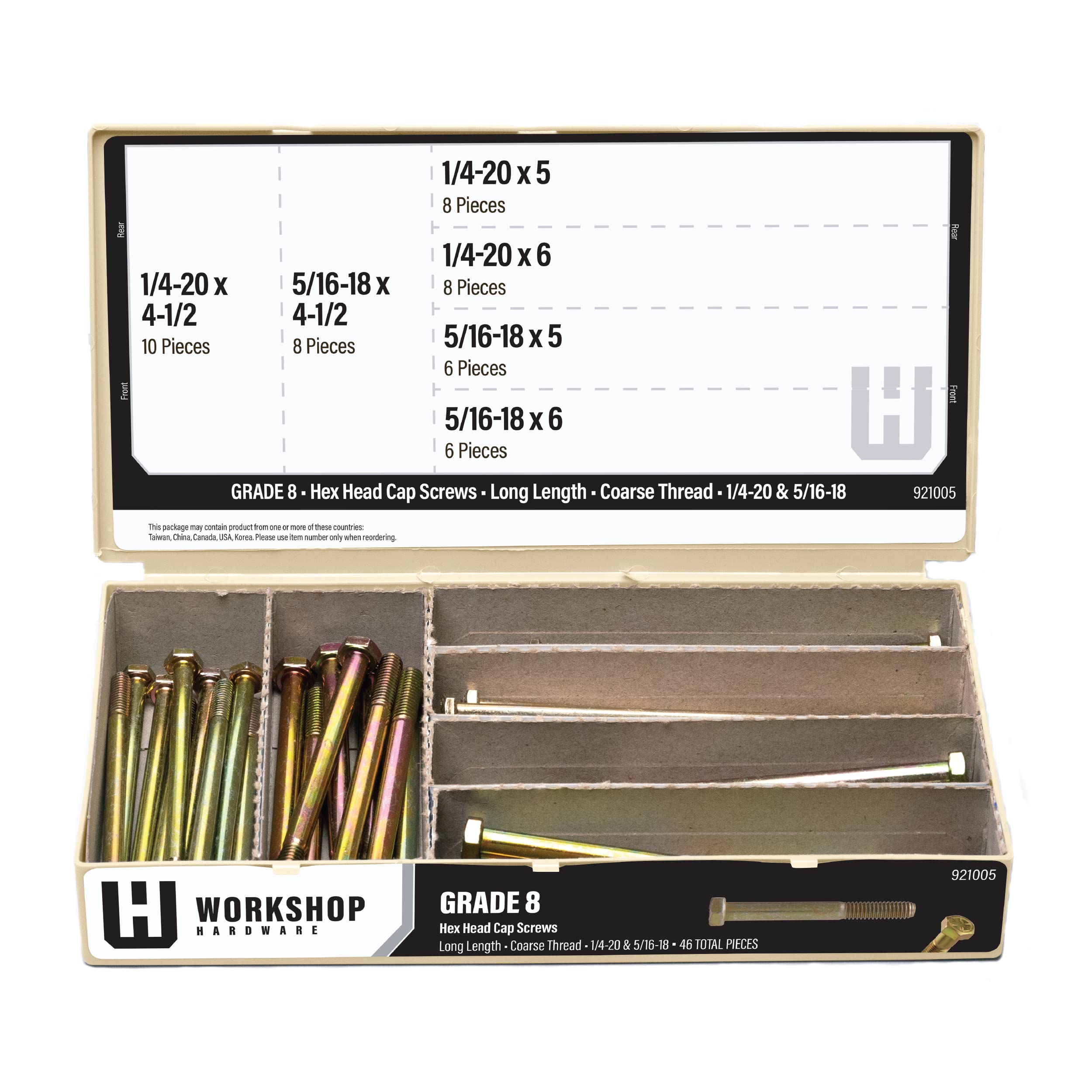 Workshop Hardware 46 Piece Fastener Assortment Kit, Grade 8 Hex Cap Screw Set, USS 1/4 & 5/16 Diameter, Gray, Stainless Steel