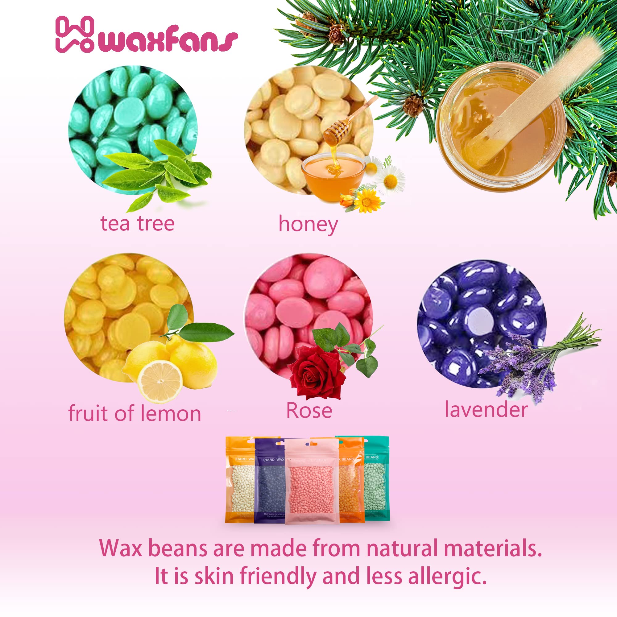 Hard Wax Beans 1.1lbs with 5 Packs,Waxfans Wax Beads for Hair Removal,Waxing Beans for Women and Men,at Home Waxing for Full Body，Include 10 Waxing Applicators and 5 Nose Waxing Sticks