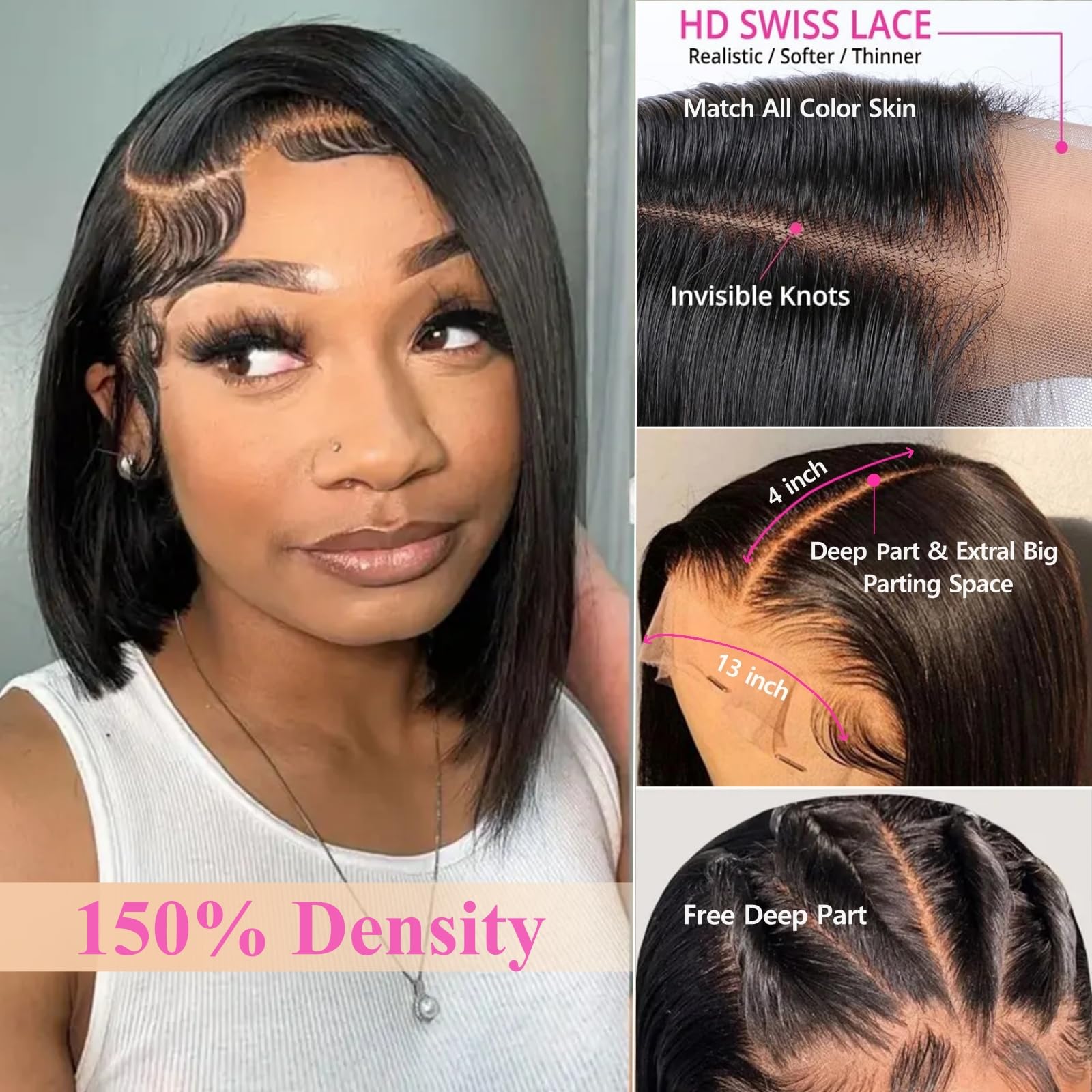 Keytac 14 Inch Straight Bob Wig Human Hair 13x4 HD Transparent Lace Front Wigs Bob for Women Short Glueless Frontal Bob Wig Pre Plucked with Baby Hair Brazilian Virgin Hair Free Part Natural Black