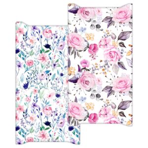 floral baby diaper changing pad cover, 2 pack infant changing table mat cover for baby girls nursery diaper changing cradle mattress sheets, ultra soft jersey knit