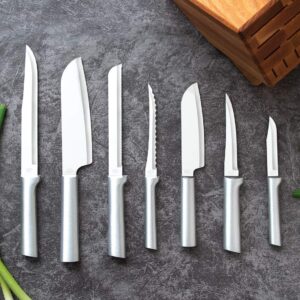 RADA Essential Oak Block Set of 8 Silver Handled Knives With Knife Sharpener