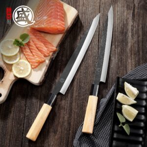 MITSUMOTO SAKARI 10-inch Japanese Sashimi Knife, Professional Hand Forged Japanese Sushi Knife, Tungsten Alloy Kitchen Chef Knife (Fraxinus Mandshurica Handle)