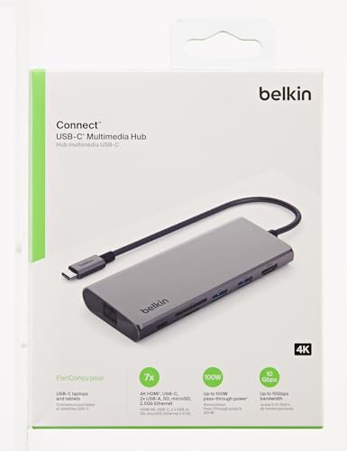 Belkin 7-in-1 USB-C Hub, Multiport Adapter Dongle with 4K 60Hz HDMI, 100W Power Delivery, 2.5Gb, 2 USB A Ports, SD and MicroSD Slot for MacBook Pro 14 and 16, iPad Pro 12.9 & 11, XPS, Surface and More