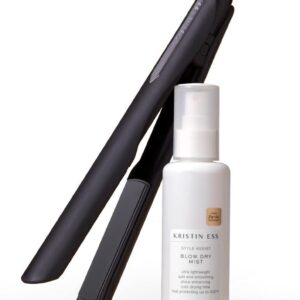 Kristin Ess Hair Nanoblack 3-in-1 Curling Flat Iron Straightener + Style Assist Heat Protectant Spray - 1 1/4 Inch Salon Professional Ceramic Hot Tool - Hair Straightener + Curler 2 in 1 + Beach Waver