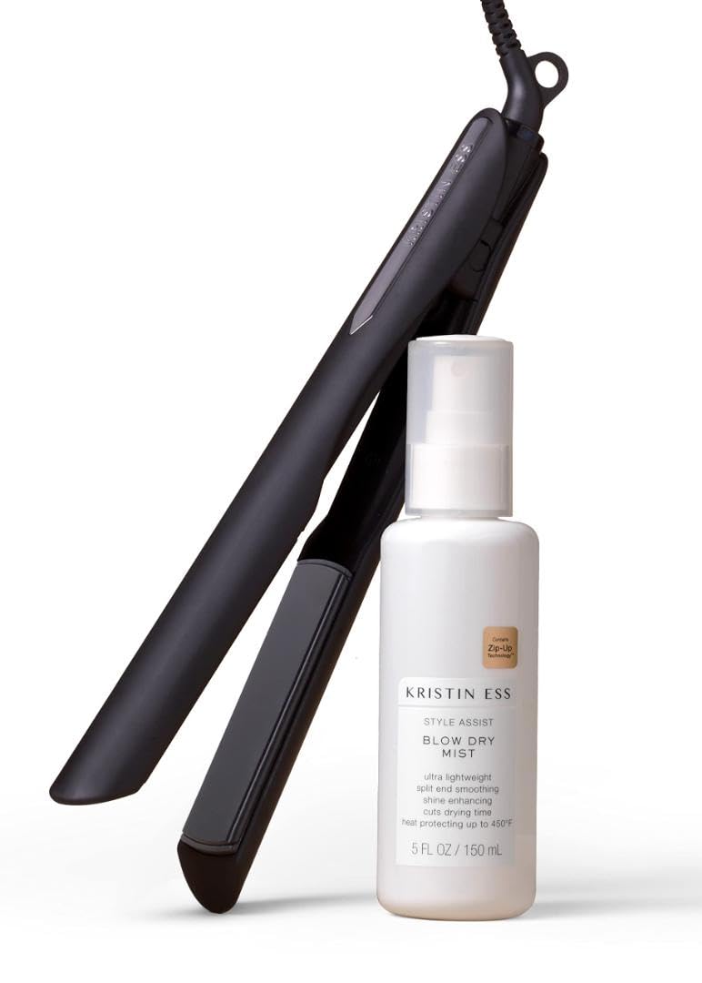 Kristin Ess Hair Nanoblack 3-in-1 Curling Flat Iron Straightener + Style Assist Heat Protectant Spray - 1 1/4 Inch Salon Professional Ceramic Hot Tool - Hair Straightener + Curler 2 in 1 + Beach Waver