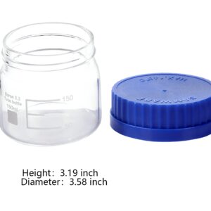 Pastein 4 Pack 150 mL Wide Mouth Graduated Round Borosilicate Reagent Media/Storage Lab Glass Bottle With GL70 Blue Polypropylene Screw Cap