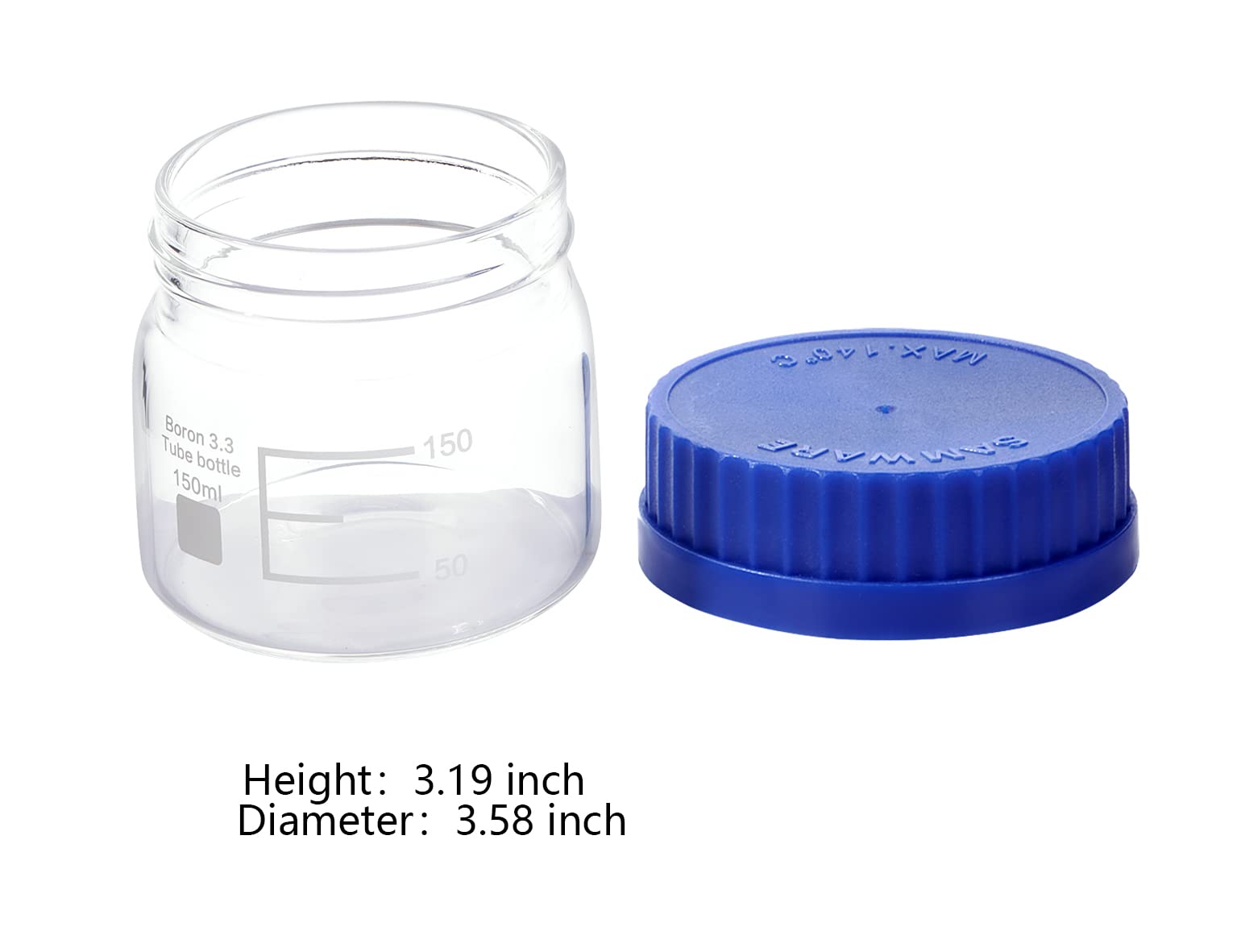 Pastein 4 Pack 150 mL Wide Mouth Graduated Round Borosilicate Reagent Media/Storage Lab Glass Bottle With GL70 Blue Polypropylene Screw Cap