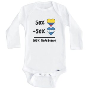 50% colombian plus 50% honduran 100% awesome colombia honduras heart flags baby bodysuit (long sleeve), 3-6 months white