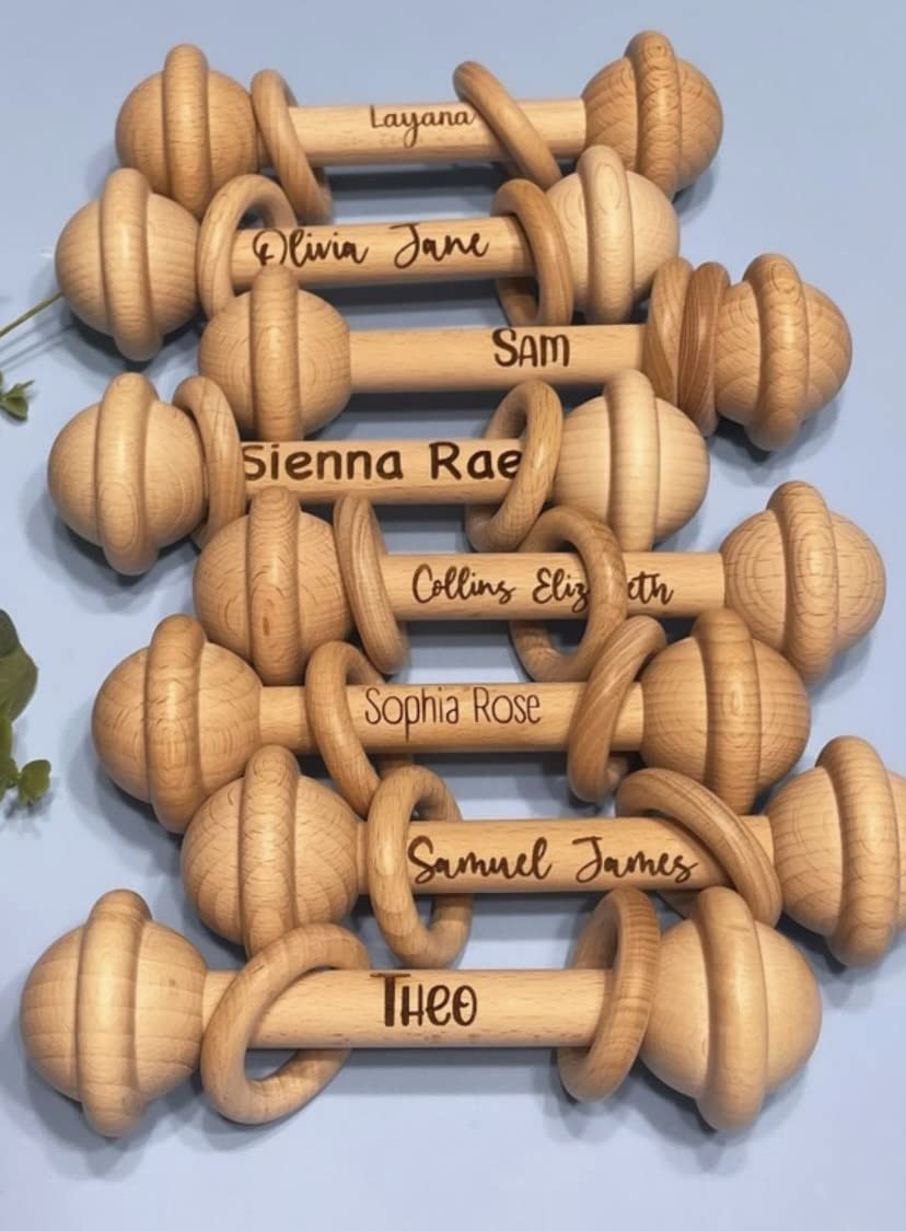 Baby Salute Personalized Custom Rattle Natural Beechwood Baby Rattle Name Engraved Educational Baby Boy or Girl Newborn Gift Baby Shower Keepsake