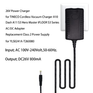 26V Power Charger for TINECO Cordless Vacuum Charger A10 Dash A11 S3 Hero Master iFLOOR S3 Series AC/DC Adapter Replacement Class 2 Power Supply for YLS0241A-T260080