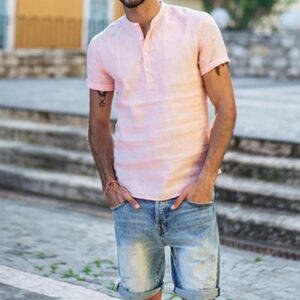 Maiyifu-GJ Men's Casual Plain Linen Henley Shirt Lightweight Hippie Button Up T-Shirt Tees Short Sleeve Summer Beach Shirts (Pink,Large)