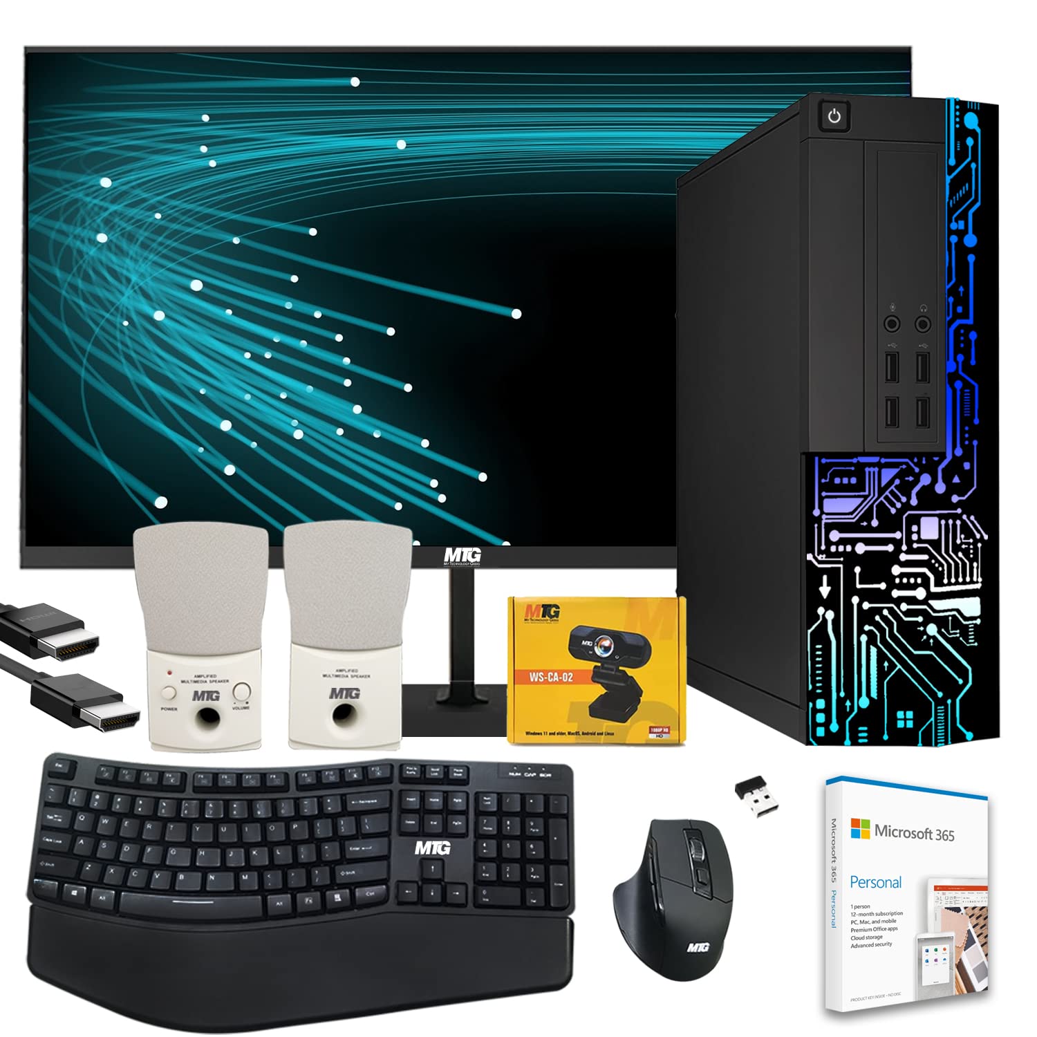 Computer Desktop PC, Intel Core i7, Siwa 8, 16GB RAM, 128GB SSD Boot + 2TB HDD, MTG 24 Inch Monitor, Wireless Ergonomic Keyboard Mouse, Speaker, Webcam, Office 365, WiFi, Win 11 Home (Renewed)