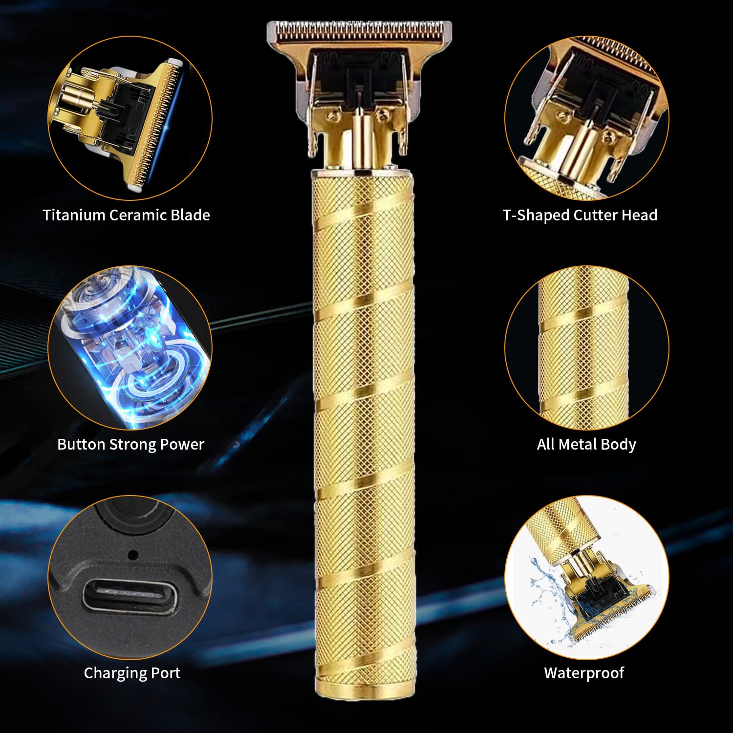 Hair Trimmer for Men, Professional Electric Hair Clippers Cordless Beard Trimmer Shaver Electric T Blade Hair Trimmer, Zero Gapped Hair Clippers Cutting Grooming Kit with Guide Combs, Gold